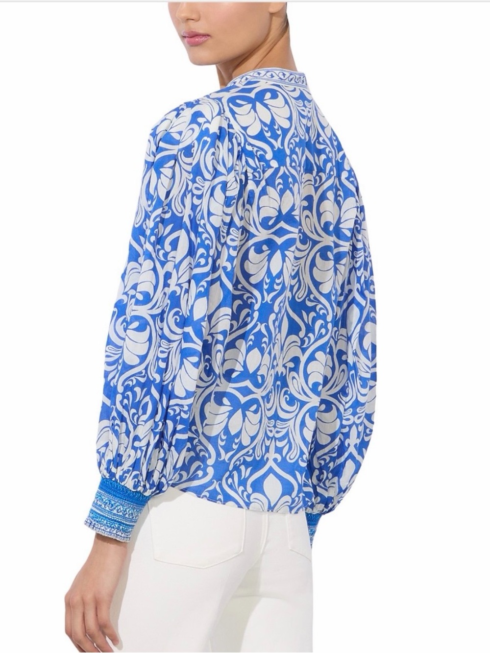 Alice + Olivia Blue and White Floral-Print Balloon Sleeve Blouse - Picture 6 of 8